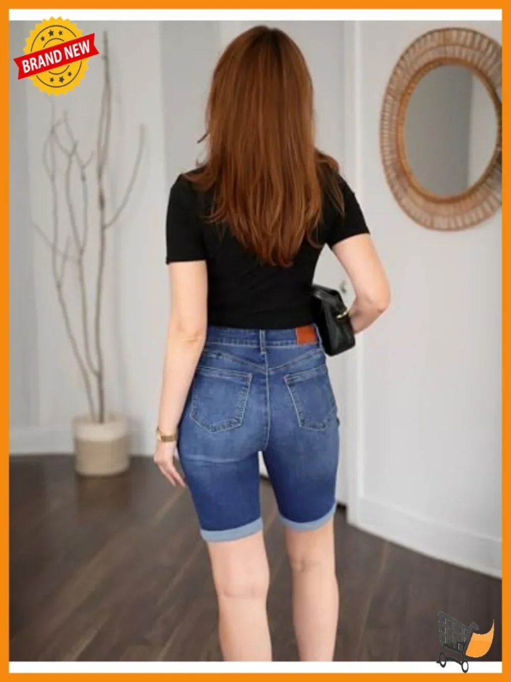 Bermuda Jean Shorts High Waisted Cuffed Hem Long Denim Stretchy Jorts